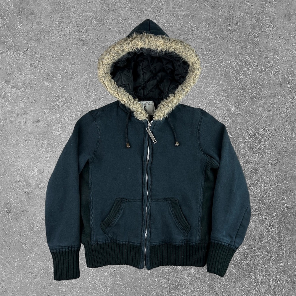 Y2K Zenana Outfitters Hoodie Jacket Women L Black Faux Fur Trim Quilted SJ-111 - Picture 1 of 6